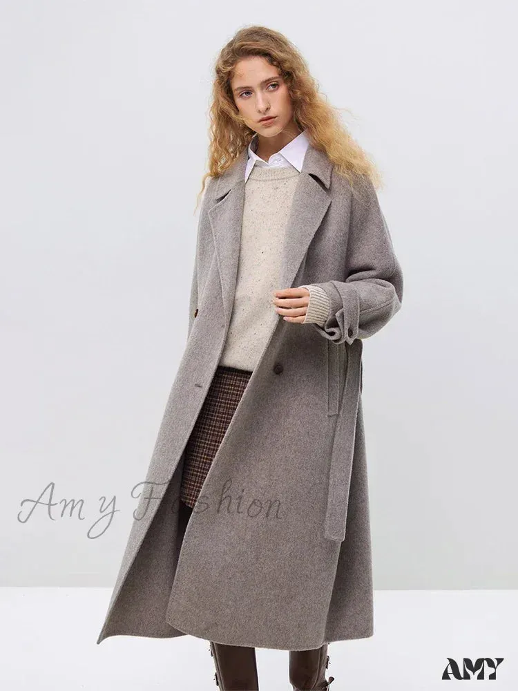Wool Winter Notched Collar Belt Decoration Long Double Breasted Coat