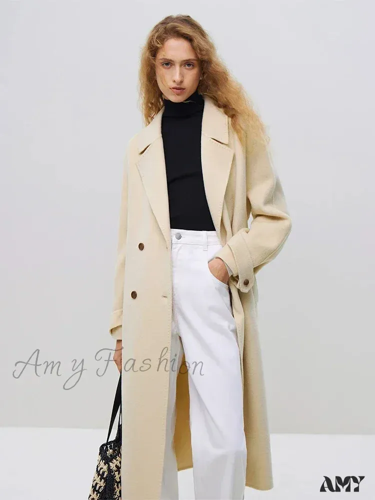 Wool Winter Notched Collar Belt Decoration Long Double Breasted Coat