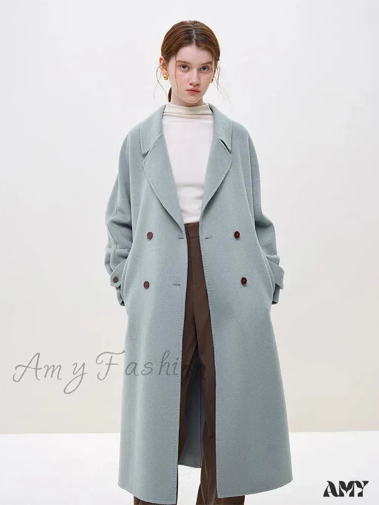 Wool Winter Notched Collar Belt Decoration Long Double Breasted Coat