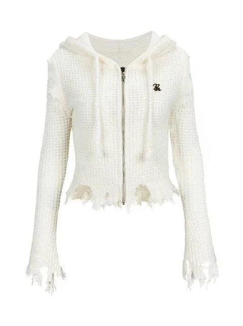 Zip-Up Logo One Point Hoodie Damage Knit Hooded